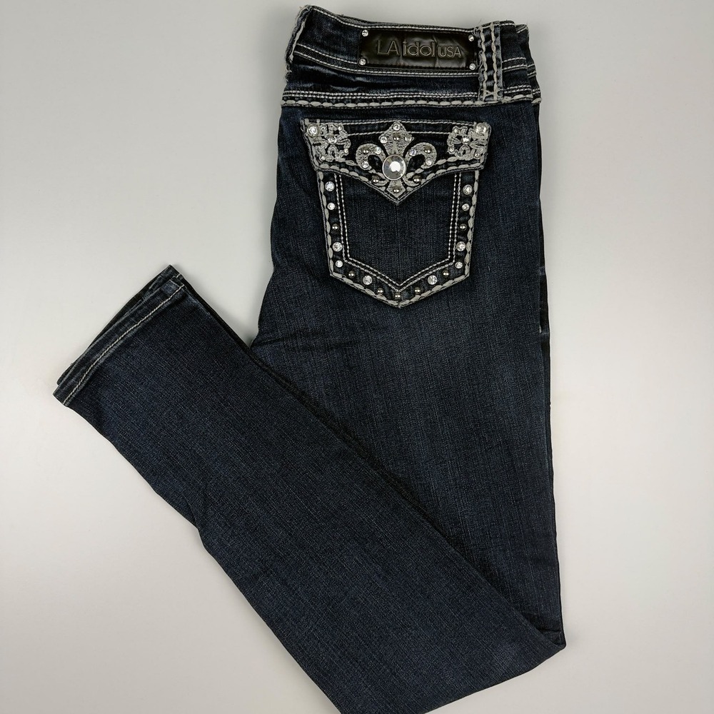 Y2K L.A. Idol USA Jeans Size 11 W33 L31.5 Rhinestone Fleur De Lis Bling Denim - Picture 10 of 14